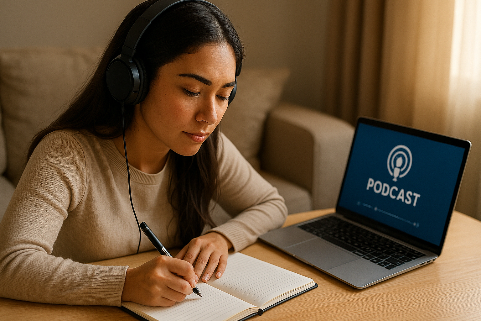 Person listening to a podcast and taking notes