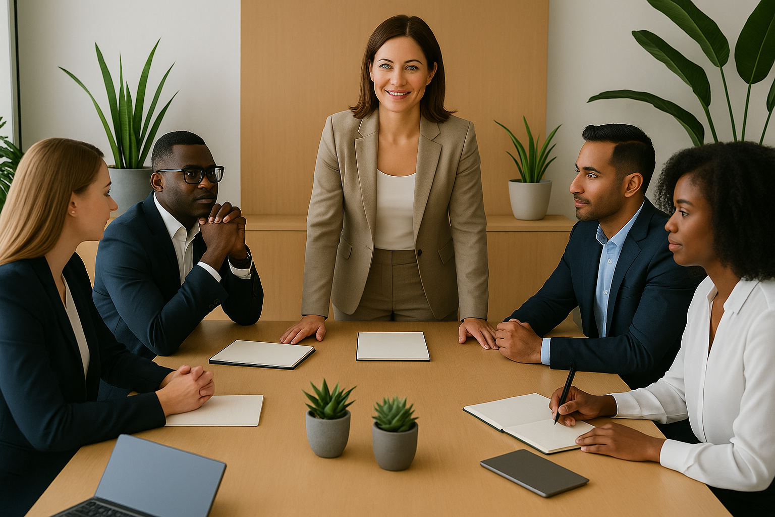 Professional business meeting with diverse team members discussing strategy