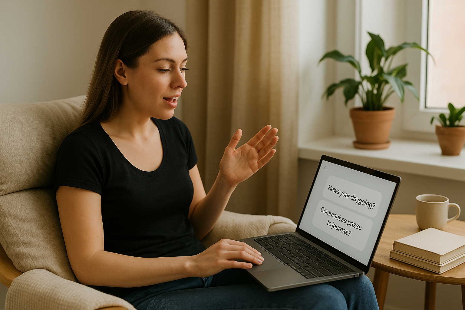 Person studying multiple languages with books, apps, and conversation partners