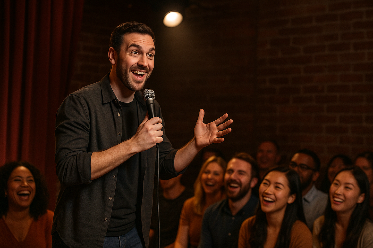 Stand-up comedian performing English humor on stage, audience laughing